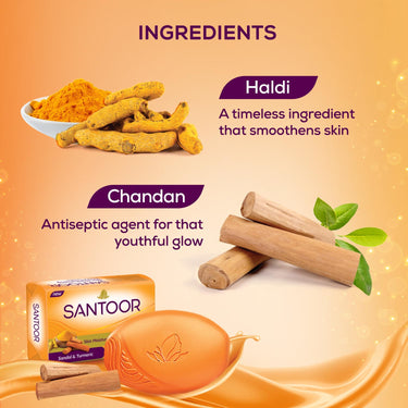 Santoor Skin Moisturizing Sandal & Turmeric Bathing Soap with Nourishing & Anti-Aging Properties| For Soft & Smooth and Younger-Looking Skin| For All Skin Types| Pack of 8, 125g